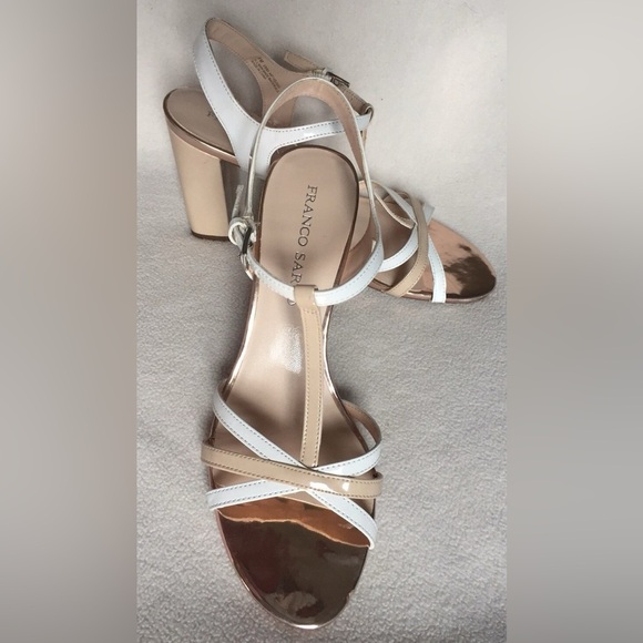 New Franco Sarto Ebba White & Tan Beige Patent T Strap Sandals Heels sz 9M - Picture 5 of 6